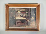 tableau encadré représentant une réunion de famille autour d'une table dans une pièce