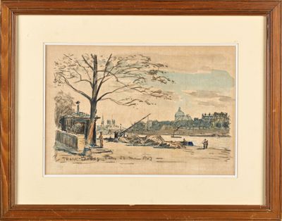 tableau représentant une vue de ville avec une église en arrière-plan