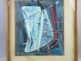 painting of a sailboat in blue and red on a white background
