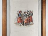 an old picture of a group of people standing in front of a painting