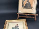 two framed pictures of a woman sitting on a chair next to a painting of a woman