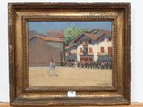a painting of a baseball game being played on the field
