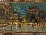 an oil painting of a city street at night with a horse drawn carriage