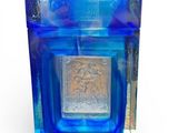 a blue glass container with a silver square in it