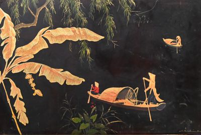 a painting on the wall of a boat with people in it