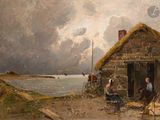 un tableau représentant un homme et une femme debout devant une maison