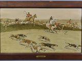 tableau représentant un groupe d'hommes à cheval accompagnés de chiens dans un champ