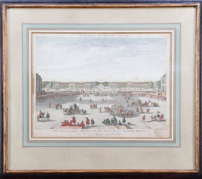 painting of a view of a palace with a fountain and people in the foreground