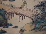 a painting of a man on a bridge over a river