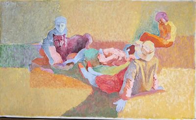 a painting of a group of people sitting on a couch
