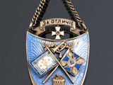 an image of a badge with a chain hanging from it ' s side