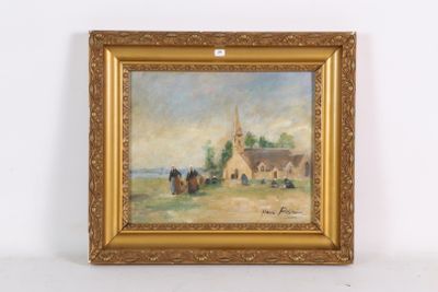 une peinture à l'huile représentant une église devant laquelle se trouve une calèche