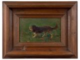 an oil painting of a dog running in the grass