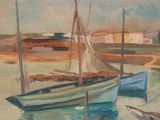 a painting of a boat in the water with other boats in the water