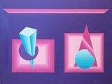 purple and blue painting with geometric shapes and a geometric object