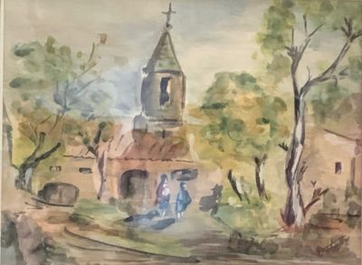 une aquarelle représentant une église avec un clocher