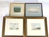 trois tableaux encadrés d'aquarelles d'une plage et d'un bateau