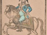 drawing of a man riding a horse with a plumed headdress