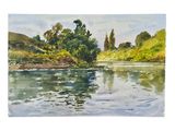 watercolor painting of a river with trees and hills in the background