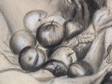 a drawing of a bowl of fruit on a table