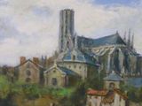 a painting of a painting of a church on a hill