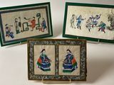 three framed paintings of asian women on a white background