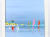 painting of sailboats on the water with a blue sky in the background