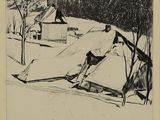 un dessin en noir et blanc représentant un homme faisant du ski dans la neige