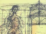 a drawing of a man standing in front of a door