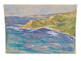a painting of a view of the ocean from the shore