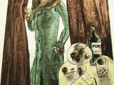 drawing of a woman in a green dress standing next to a table with a bottle of wine
