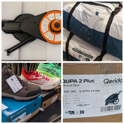 plusieurs photos de différentes paires de chaussures et de sacs exposés dans un magasin
