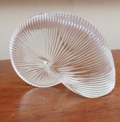 a glass object on a wooden table with a white wall in the background
