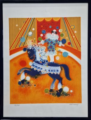 painting of a clown riding a horse in a circus ring
