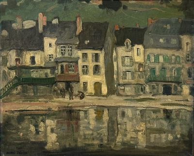 un tableau représentant une calèche devant une rangée de maisons