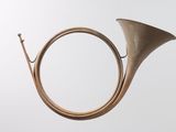 an old brass french horn on a white background