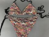 multicolored knitted bikini set with black string ties