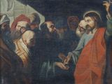 une image représentant un tableau montrant un groupe d'hommes dans une pièce