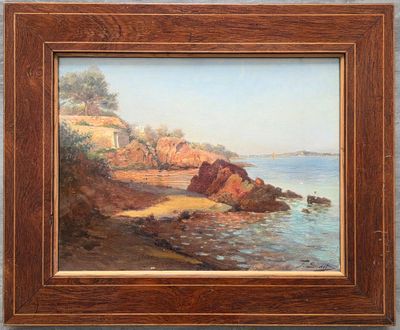 un tableau représentant une scène de plage avec des rochers et de l'eau