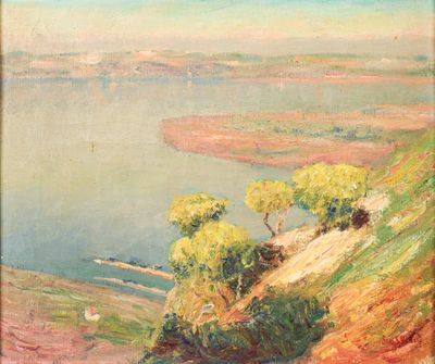 an image of a painting of a view of a lake and hills