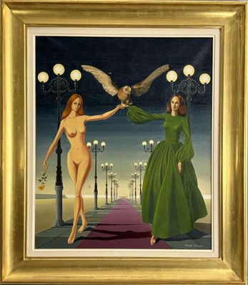 tableau représentant une femme en robe verte tenant un hibou au-dessus de sa tête