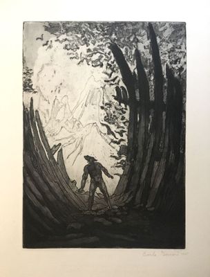 an image of a drawing of a man walking through a forest