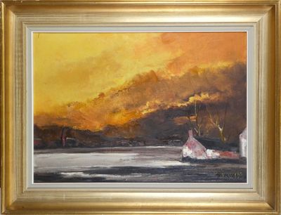 une peinture à l'huile représentant un bateau sur un plan d'eau au coucher du soleil