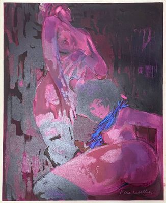 painting of a woman sitting on a chair holding a pink umbrella