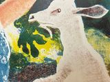 a painting of a woman and a goat in the woods