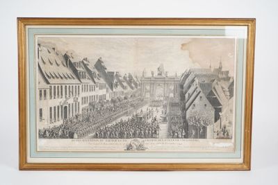 an old drawing of a parade in a town with a horse drawn carriage