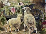 painting of sheep in a field with a cart full of hay