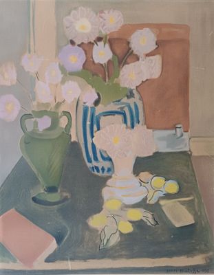 une peinture de fleurs dans un vase sur une table