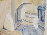 a painting of an angel standing in a doorway