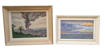 two framed paintings of a view of a lake and a volcano